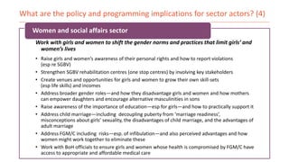 What are the policy and programming implications for sector actors? (4)
Work with girls and women to shift the gender norm...