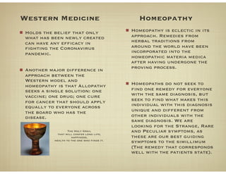 Western Medicine Homeopathy
Holds the belief that only
what has been newly created
can have any efficacy in
fighting the C...