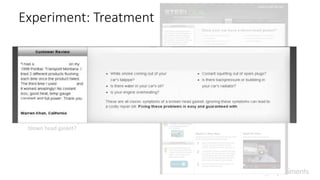 Headline: Does your car have a blown
head gasket?
 Does my car have a blown head
gasket
 How do I know it is blown?
 What are the consequences of a
blown head gasket?
Experiment: Treatment
 