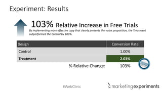 #WebClinic
Design Conversion Rate
Control 1.00%
Treatment 2.03%
% Relative Change: 103%
Relative Increase in Free Trials103%By implementing more effective copy that clearly presents the value proposition, the Treatment
outperformed the Control by 103%.
Experiment: Results
 