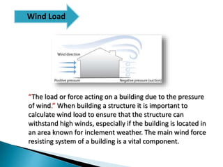 Wind Load
“The load or force acting on a building due to the pressure
of wind.” When building a structure it is important to
calculate wind load to ensure that the structure can
withstand high winds, especially if the building is located in
an area known for inclement weather. The main wind force
resisting system of a building is a vital component.
 