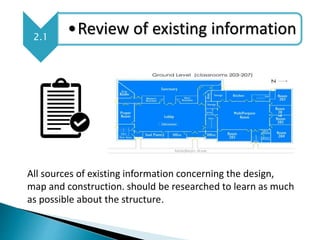2.1
•Review of existing information
All sources of existing information concerning the design,
map and construction. should be researched to learn as much
as possible about the structure.
 
