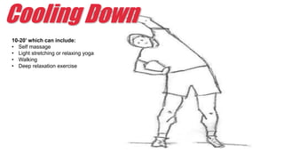 Cooling Down
10-20’ which can include:
• Self massage
• Light stretching or relaxing yoga
• Walking
• Deep relaxation exercise
 