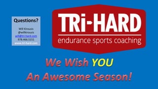 Questions?
Will Kirousis
@willkirousis
will@tri-hard.com
978.466.5151
www.tri-hard.com
 