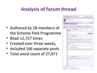 Analysis of forum thread Authored by 28 members of  the Schome Park Programme  Read 12,727 times Created over three weeks,  Included 166 separate posts Total word count of 27,871   