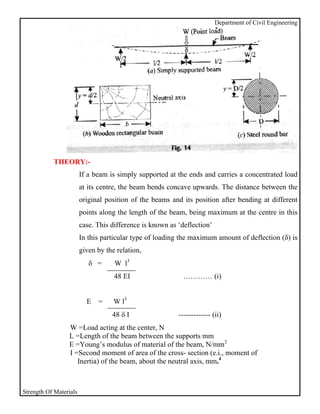Department of Civil Engineering




           THEORY:-
                        If a beam is simply supported at the ends and carries a concentrated load
                        at its centre, the beam bends concave upwards. The distance between the
                        original position of the beams and its position after bending at different
                        points along the length of the beam, being maximum at the centre in this
                        case. This difference is known as ‘deflection’
                        In this particular type of loading the maximum amount of deflection (δ) is
                        given by the relation,
                           δ =      W l3
                                    48 EI                  ………… (i)


                          E   =     W l3
                                   48 δ I                 ------------- (ii)
                 W =Load acting at the center, N
                 L =Length of the beam between the supports mm
                 E =Young’s modulus of material of the beam, N/mm2
                 I =Second moment of area of the cross- section (e.i., moment of
                    Inertia) of the beam, about the neutral axis, mm.4



Strength Of Materials
 