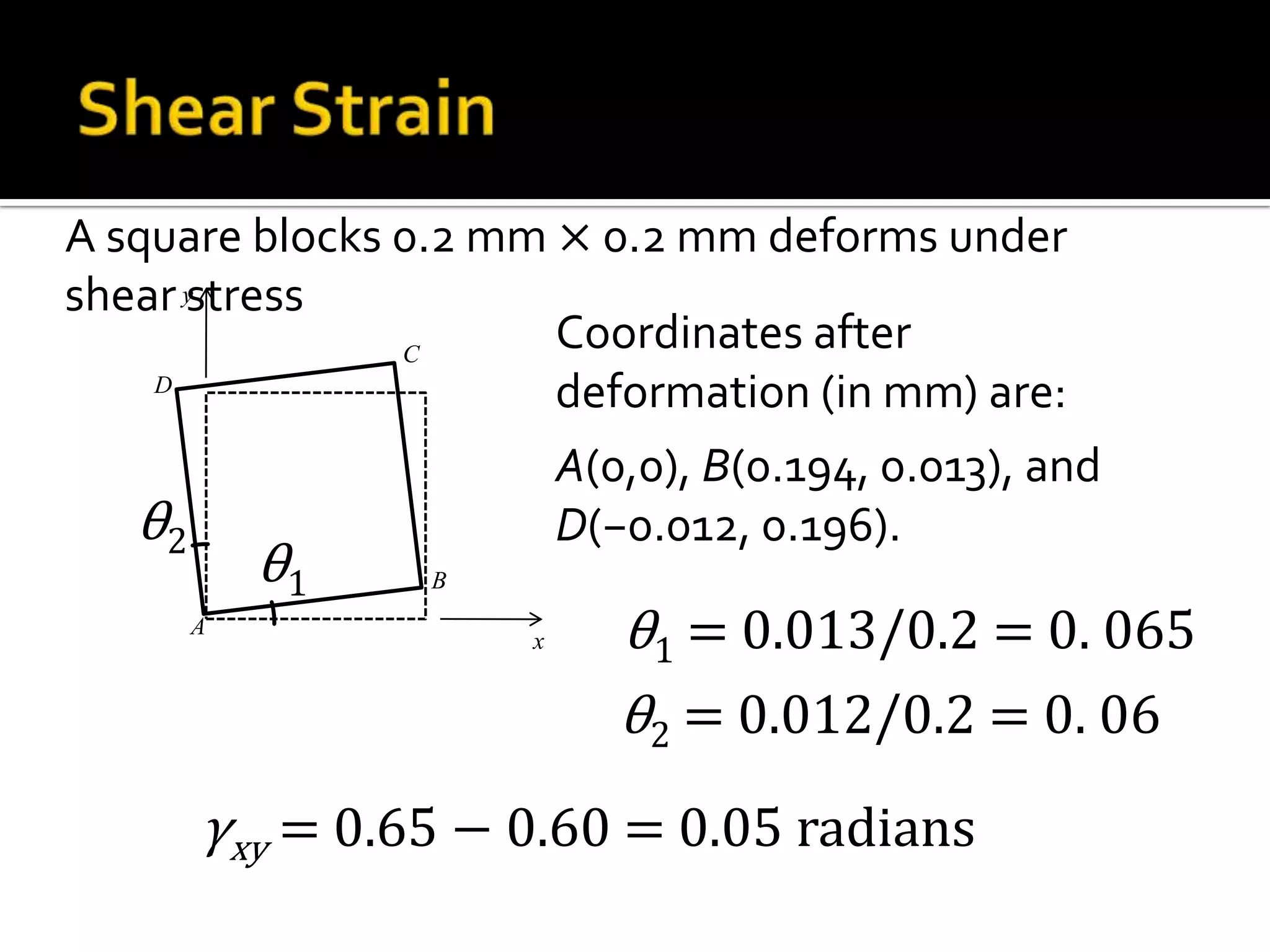 A square blocks 0.2 mm × 0.2 mm deforms under
shear ystress
Coordinates after
C
D
deformation (in mm) are:

θ2

θ1
A

A(0,0), B(0.194, 0.013), and
D(−0.012, 0.196).
B
x

θ1 = 0.013/0.2 = 0. 065
θ2 = 0.012/0.2 = 0. 06

γxy = 0.65 − 0.60 = 0.05 radians

 