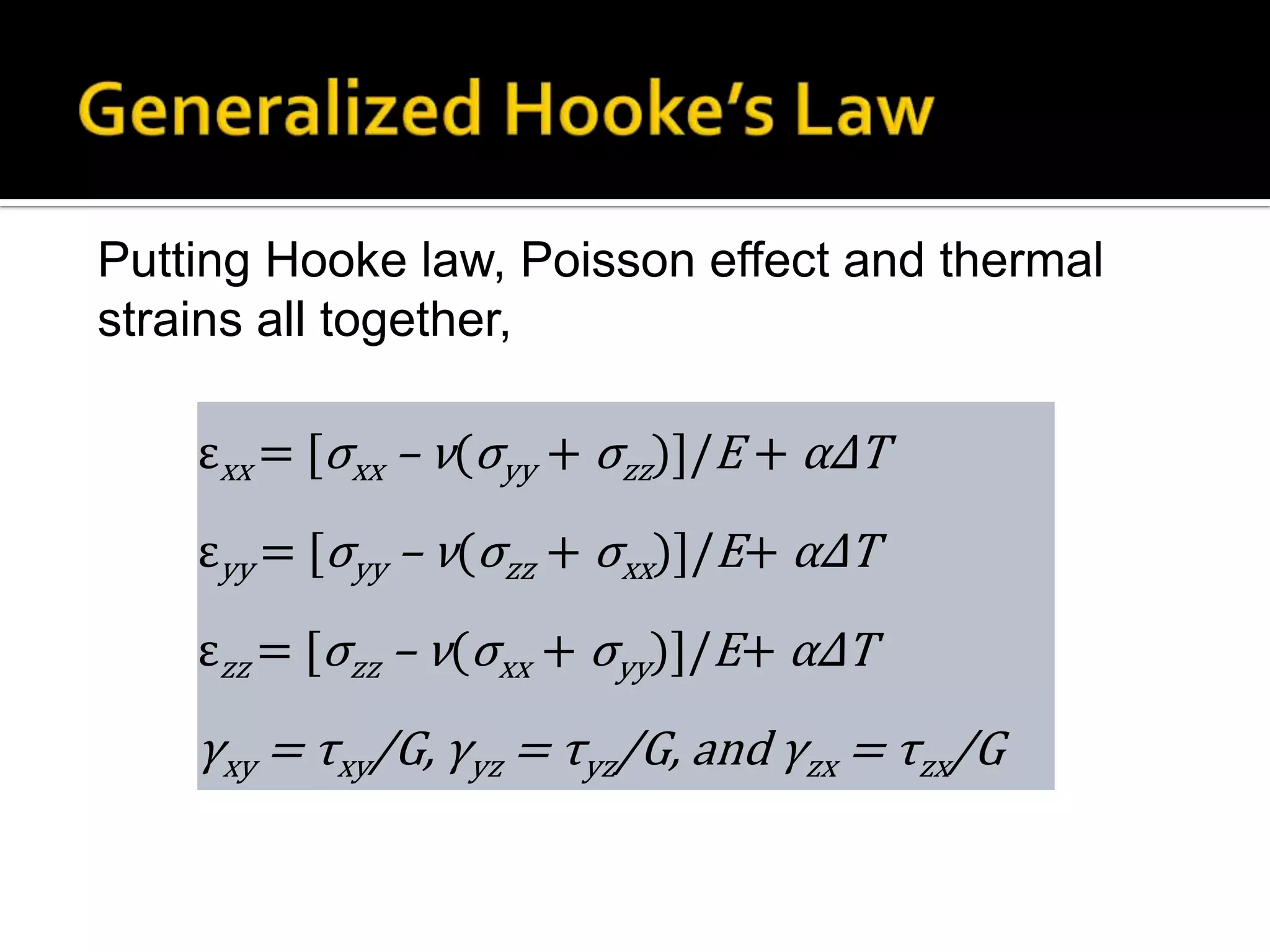 Putting Hooke law, Poisson effect and thermal
strains all together,
εxx = [σxx – ν(σyy + σzz)]/E + αΔT
εyy = [σyy – ν(σzz + σxx)]/E+ αΔT
εzz = [σzz – ν(σxx + σyy)]/E+ αΔT

γxy = τxy/G, γyz = τyz/G, and γzx = τzx/G

 