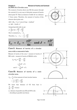 Chapter-3 Moment of Inertia and Centroid
(ii) MOI of a Circular area
The moment of inertia about axis XX this passes through
the centroid. It is very easy to find polar moment of inertia
about point ‘O’. Take an element of width ‘dr’ at a distance
‘r’ from centre. Therefore, the moment of inertia of this
element about polar axis
2
xx yy
2
d(J) = d(I + I ) = area of ring (radius)
or d(J) 2 rdr r
4 4
3
0
4
Integrating both side we get
2
2 32
Due to summetry
Therefore,
2 64
R
xx yy
xx yy
R D
J r dr
I I
J D
I I
4 4
and
64 32
xx yy
D D
I I J
Case-I: Moment of inertia of a circular
area with a concentric hole.
Moment of inertia of the area = moment of inertia of
BIG circle – moment of inertia of SMALL circle.
Ixx = Iyy =
4
64
D
–
4
64
d
4 4
4 4
( )
64
and ( )
32
D d
J D d
Case-II: Moment of inertia of a semi-
circular area.
4 4
1
of the momemt of total circular lamina
2
1
2 64 128
NNI
D D
We know that distance of CG from base is
4 2D
h say
3 3
r
i.e. distance of parallel axis XX and NN is (h)
According to parallel axis theory
Page 116 of 429
 