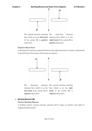 Chapter-4 Bending Moment and Shear Force Diagram S K Mondal’s
The upward direction shearing
force which is on the left hand
of the section XX is positive
shear force.
The downward direction
shearing force which is on the
right hand of the section XX is
positive shear force.
Negative Shear Force
A shearing force having an upward direction to the right hand side of a section or downwards
to the left hand of the section will be taken as ‘negative’.
The downward direction
shearing force which is on the
left hand of the section XX is
negative shear force.
The upward direction shearing
force which is on the right
hand of the section XX is
negative shear force.
Bending Moment (M)
Positive Bending Moment
A bending moment causing concavity upwards will be taken as ‘positive’ and called as
sagging bending moment.
Page 127 of 429
 