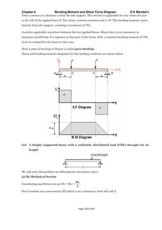 Chapter-4 Bending Moment and Shear Force Diagram S K Mondal’s
Take a section at a distance x from the left support. This section is applicable for any value of x just
to the left of the applied force P. The shear, remains constant and is +P. The bending moment varies
linearly from the support, reaching a maximum of +Pa.
A section applicable anywhere between the two applied forces. Shear force is not necessary to
maintain equilibrium of a segment in this part of the beam. Only a constant bending moment of +Pa
must be resisted by the beam in this zone.
Such a state of bending or flexure is called pure bending.
Shear and bending-moment diagrams for this loading condition are shown below.
(xi) A Simply supported beam with a uniformly distributed load (UDL) through out its
length
We will solve this problem by following two alternative ways.
(a) By Method of Section
Considering equilibrium we get RA = RB =
wL
2
Now Consider any cross-section XX which is at a distance x from left end A.
Page 139 of 429
 
