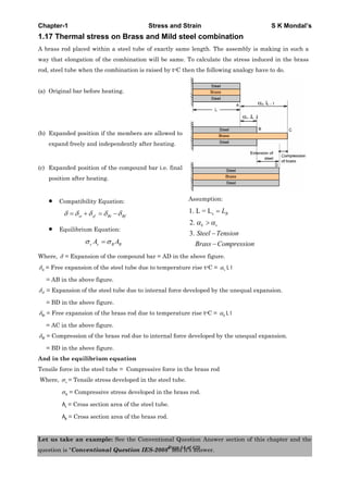 Chapter-1 Stress and Strain S K Mondal’s
1.17 Thermal stress on Brass and Mild steel combination
A brass rod placed within a steel tube of exactly same length. The assembly is making in such a
way that elongation of the combination will be same. To calculate the stress induced in the brass
rod, steel tube when the combination is raised by toC then the following analogy have to do.
(a) Original bar before heating.
(b) Expanded position if the members are allowed to
expand freely and independently after heating.
(c) Expanded position of the compound bar i.e. final
position after heating.
Compatibility Equation:
st sf Bt Bf
Equilibrium Equation:
s s B BA A
Assumption:
s1. L = L
2.
3.
B
b s
L
Steel Tension
Brass Compression
Where, = Expansion of the compound bar = AD in the above figure.
st = Free expansion of the steel tube due to temperature rise toC = s L t
= AB in the above figure.
sf = Expansion of the steel tube due to internal force developed by the unequal expansion.
= BD in the above figure.
Bt = Free expansion of the brass rod due to temperature rise toC = b L t
= AC in the above figure.
Bf = Compression of the brass rod due to internal force developed by the unequal expansion.
= BD in the above figure.
And in the equilibrium equation
Tensile force in the steel tube = Compressive force in the brass rod
Where, s = Tensile stress developed in the steel tube.
B = Compressive stress developed in the brass rod.
sA = Cross section area of the steel tube.
BA = Cross section area of the brass rod.
Let us take an example: See the Conventional Question Answer section of this chapter and the
question is “Conventional Question IES-2008” and it’s answer.Page 14 of 429
 