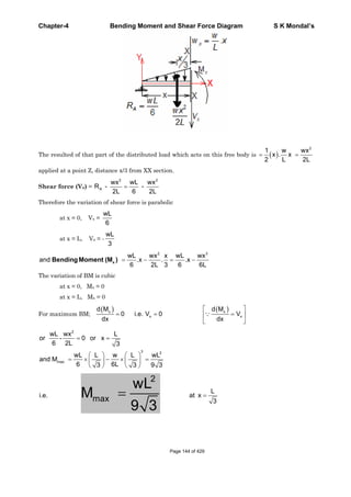 Chapter-4 Bending Moment and Shear Force Diagram S K Mondal’s
The resulted of that part of the distributed load which acts on this free body is
2
1 w wx
x . x
2 L 2L
applied at a point Z, distance x/3 from XX section.
Shear force (Vx) =
2 2
A
wx wL wx
R - -
2L 6 2L
Therefore the variation of shear force is parabolic
at x = 0, Vx =
wL
6
at x = L, Vx = -
wL
3
2 3
wL wx x wL wx
and .x . .x
6 2L 3 6 6L
xBendingMoment (M )
The variation of BM is cubic
at x = 0, Mx = 0
at x = L, Mx = 0
For maximum BM;
x x
x x
d M d M
0 i.e. V 0 V
dx dx
2
3 2
max
wL wx L
or - 0 or x
6 2L 3
wL L w L wL
and M
6 6L3 3 9 3
i.e.
2
max
wL
M
9 3
L
at x
3
Page 144 of 429
 