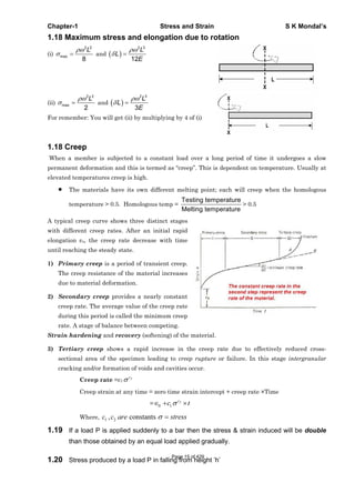 Chapter-1 Stress and Strain S K Mondal’s
1.18 Maximum stress and elongation due to rotation
(i)
2 2
max
8
L
and
2 3
12
L
L
E
(ii)
2 2
max
2
L
and
2 3
3
L
L
E
For remember: You will get (ii) by multiplying by 4 of (i)
1.18 Creep
When a member is subjected to a constant load over a long period of time it undergoes a slow
permanent deformation and this is termed as “creep”. This is dependent on temperature. Usually at
elevated temperatures creep is high.
The materials have its own different melting point; each will creep when the homologous
temperature > 0.5. Homologous temp =
Testing temperature
Melting temperature
> 0.5
A typical creep curve shows three distinct stages
with different creep rates. After an initial rapid
elongation o, the creep rate decrease with time
until reaching the steady state.
1) Primary creep is a period of transient creep.
The creep resistance of the material increases
due to material deformation.
2) Secondary creep provides a nearly constant
creep rate. The average value of the creep rate
during this period is called the minimum creep
rate. A stage of balance between competing.
Strain hardening and recovery (softening) of the material.
3) Tertiary creep shows a rapid increase in the creep rate due to effectively reduced cross-
sectional area of the specimen leading to creep rupture or failure. In this stage intergranular
cracking and/or formation of voids and cavities occur.
Creep rate =c1
2c
Creep strain at any time = zero time strain intercept + creep rate ×Time
= 2
0 1
c
c t
Where, 1 2, constantsc c are stress
1.19 If a load P is applied suddenly to a bar then the stress & strain induced will be double
than those obtained by an equal load applied gradually.
1.20 Stress produced by a load P in falling from height ’h’
Page 15 of 429
 