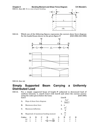 Chapter-4 Bending Moment and Shear Force Diagram S K Mondal’s
IAS-11. Ans. (d) It is a case of pure bending.
IAS-12. Which one of the following figures represents the correct shear force diagram
for the loaded beam shown in the given figure I? [IAS-1998; IAS-1995]
IAS-12. Ans. (a)
Simply Supported Beam Carrying a Uniformly
Distributed Load
IAS-13. For a simply supported beam of length fl' subjected to downward load of
uniform intensity w, match List-I with List-II and select the correct answer
using the codes given below the Lists: [IAS-1997]
List-I List-II
A. Slope of shear force diagram 1.
4
5
384
w
E I
B. Maximum shear force 2. w
C. Maximum deflection 3.
4
8
w
D. Magnitude of maximum bending moment 4.
2
w
Codes: A B C D A B C D
(a) 1 2 3 4 (b) 3 1 2 4
(c) 3 2 1 4 (d) 2 4 1 3Page 179 of 429
 