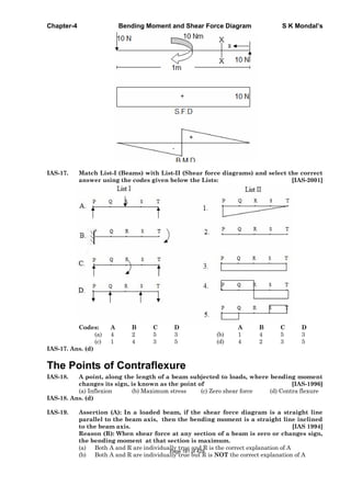 Chapter-4 Bending Moment and Shear Force Diagram S K Mondal’s
IAS-17. Match List-I (Beams) with List-II (Shear force diagrams) and select the correct
answer using the codes given below the Lists: [IAS-2001]
Codes: A B C D A B C D
(a) 4 2 5 3 (b) 1 4 5 3
(c) 1 4 3 5 (d) 4 2 3 5
IAS-17. Ans. (d)
The Points of Contraflexure
IAS-18. A point, along the length of a beam subjected to loads, where bending moment
changes its sign, is known as the point of [IAS-1996]
(a) Inflexion (b) Maximum stress (c) Zero shear force (d) Contra flexure
IAS-18. Ans. (d)
IAS-19. Assertion (A): In a loaded beam, if the shear force diagram is a straight line
parallel to the beam axis, then the bending moment is a straight line inclined
to the beam axis. [IAS 1994]
Reason (R): When shear force at any section of a beam is zero or changes sign,
the bending moment at that section is maximum.
(a) Both A and R are individually true and R is the correct explanation of A
(b) Both A and R are individually true but R is NOT the correct explanation of A
Page 181 of 429
 