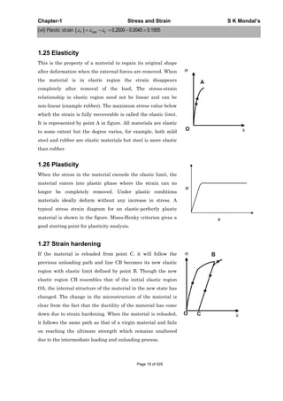 Chapter-1 Stress and Strain S K Mondal’s
(vii) Plastic strain 0.2000 0.0045 0.1955P total E
1.25 Elasticity
This is the property of a material to regain its original shape
after deformation when the external forces are removed. When
the material is in elastic region the strain disappears
completely after removal of the load, The stress-strain
relationship in elastic region need not be linear and can be
non-linear (example rubber). The maximum stress value below
which the strain is fully recoverable is called the elastic limit.
It is represented by point A in figure. All materials are elastic
to some extent but the degree varies, for example, both mild
steel and rubber are elastic materials but steel is more elastic
than rubber.
1.26 Plasticity
When the stress in the material exceeds the elastic limit, the
material enters into plastic phase where the strain can no
longer be completely removed. Under plastic conditions
materials ideally deform without any increase in stress. A
typical stress strain diagram for an elastic-perfectly plastic
material is shown in the figure. Mises-Henky criterion gives a
good starting point for plasticity analysis.
1.27 Strain hardening
If the material is reloaded from point C, it will follow the
previous unloading path and line CB becomes its new elastic
region with elastic limit defined by point B. Though the new
elastic region CB resembles that of the initial elastic region
OA, the internal structure of the material in the new state has
changed. The change in the microstructure of the material is
clear from the fact that the ductility of the material has come
down due to strain hardening. When the material is reloaded,
it follows the same path as that of a virgin material and fails
on reaching the ultimate strength which remains unaltered
due to the intermediate loading and unloading process.
Page 19 of 429
 