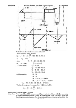 Chapter-4 Bending Moment and Shear Force Diagram S K Mondal’s
Calculation: First find out reaction at B and E.
Taking moments, about B, we get
E
E
B E
B E
0.5
R 4.5 20 0.5 100 50 3 40 5
2
or R 55kN
Also, R R 20 0.5 50 40
or R 45kN R 55kN
F
E
D
B
S.F. Calculation : V 40kN
V 40 55 15kN
V 15 50 35kN
V 35 45 10kN
G
F
E
D
C
B.M.Calculation : M 0
M 0
M 40 0.5 20kNm
M 40 2 55 1.5 2.5kNm
M 40 4 55 3.5 50 2 67.5kNm
B
The bending moment increases from 62.5kNm to 100.
0.5
M 20 0.5 2.5kNm
2
Conventional Question GATE-1996
Question: Two bars AB and BC are connected by a frictionless hinge at B. The assembly
is supported and loaded as shown in figure below. Draw the shear force and
bending moment diagrams for the combined beam AC. clearly labelling the
Page 190 of 429
 