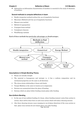 Chapter-5 Deflection of Beam S K Mondal’s
Information on deformation characteristics of members is essential in the study of vibrations
of machines
Several methods to compute deflections in beam
Double integration method (without the use of singularity functions)
Macaulay’s Method (with the use of singularity functions)
Moment area method
Method of superposition
Conjugate beam method
Castigliano’s theorem
Work/Energy methods
Each of these methods has particular advantages or disadvantages.
Assumptions in Simple Bending Theory
Beams are initially straight
The material is homogenous and isotropic i.e. it has a uniform composition and its
mechanical properties are the same in all directions
The stress-strain relationship is linear and elastic
Young’s Modulus is the same in tension as in compression
Sections are symmetrical about the plane of bending
Sections which are plane before bending remain plane after bending
Non-Uniform Bending
In the case of non-uniform bending of a beam, where bending moment varies from section to
section, there will be shear force at each cross section which will induce shearing stresses
Also these shearing stresses cause warping (or out-of plane distortion) of the cross section so
that plane cross sections do not remain plane even after bending
Methods to find
deflection
Double integration Geometrical Energy Method
Moment area
method
Conjugate
beam method
Castiglian’s
theorem
Virtual
Work
Page 196 of 429
 