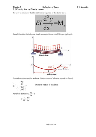 Chapter-5 Deflection of Beam S K Mondal’s
5.2 Elastic line or Elastic curve
We have to remember that the differential equation of the elastic line is
2
2
d
=M
dx
x
y
EI
Proof: Consider the following simply supported beam with UDL over its length.
From elementary calculus we know that curvature of a line (at point Q in figure)
2
2
3/22
2
2
d y
1 dx where R radius of curvature
R dy
1
dx
dy
For small deflection, 0
dx
1 d y
or
R dx
Page 197 of 429
 