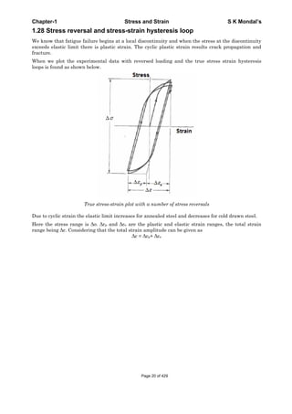 Chapter-1 Stress and Strain S K Mondal’s
1.28 Stress reversal and stress-strain hysteresis loop
We know that fatigue failure begins at a local discontinuity and when the stress at the discontinuity
exceeds elastic limit there is plastic strain. The cyclic plastic strain results crack propagation and
fracture.
When we plot the experimental data with reversed loading and the true stress strain hysteresis
loops is found as shown below.
True stress-strain plot with a number of stress reversals
Due to cyclic strain the elastic limit increases for annealed steel and decreases for cold drawn steel.
Here the stress range is . p and e are the plastic and elastic strain ranges, the total strain
range being . Considering that the total strain amplitude can be given as
= p+ e
Page 20 of 429
 