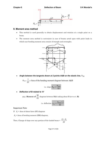 Chapter-5 Deflection of Beam S K Mondal’s
8. Moment area method
This method is used generally to obtain displacement and rotation at a single point on a
beam.
The moment area method is convenient in case of beams acted upon with point loads in
which case bending moment area consist of triangle and rectangles.
A C B
MB
Loading
B.M.diag
Deflection
L
Mn
Mc
X
θ
2θ
ymax
AtÎ
ABθ
ADθ
OA
A
B
tBA
C
D
Angle between the tangents drawn at 2 points A&B on the elastic line, AB
AB =
1
Area of the bending moment diagram between A&B
EI
i.e. slope B.M.A
EI
AB
Deflection of B related to 'A'
yBA = Moment of
M
EI
diagram between B&A taking about B (or w.r.t. B)
i.e. deflection B.MA
EI
BA
x
y
Important Note
If 1A = Area of shear force (SF) diagram
2A = Area of bending moment (BM) diagram,
Then, Change of slope over any portion of the loaded beam = 1 2A A
EI
Page 217 of 429
 