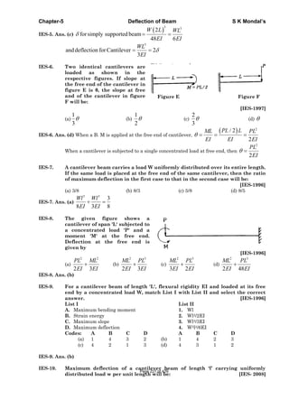 Chapter-5 Deflection of Beam S K Mondal’s
IES-5. Ans. (c)
3 3
2
forsimply supported beam
48 6
W L WL
EI EI
3
anddeflection for Cantilever 2
3
WL
EI
IES-6. Two identical cantilevers are
loaded as shown in the
respective figures. If slope at
the free end of the cantilever in
figure E is , the slope at free
and of the cantilever in figure
F will be:
Figure E Figure F
[IES-1997]
(a)
1
3
(b)
1
2
(c)
2
3
(d)
IES-6. Ans. (d) When a B. M is applied at the free end of cantilever,
2
/ 2
2
PL LML PL
EI EI EI
When a cantilever is subjected to a single concentrated load at free end, then
2
2
PL
EI
IES-7. A cantilever beam carries a load W uniformly distributed over its entire length.
If the same load is placed at the free end of the same cantilever, then the ratio
of maximum deflection in the first case to that in the second case will be:
[IES-1996]
(a) 3/8 (b) 8/3 (c) 5/8 (d) 8/5
IES-7. Ans. (a)
3 3
3
8 3 8
Wl Wl
EI EI
IES-8. The given figure shows a
cantilever of span 'L' subjected to
a concentrated load 'P' and a
moment 'M' at the free end.
Deflection at the free end is
given by
[IES-1996]
(a)
2 2
2 3
PL ML
EI EI
(b)
2 3
2 3
ML PL
EI EI
(c)
2 3
3 2
ML PL
EI EI
(d)
2 3
2 48
ML PL
EI EI
IES-8. Ans. (b)
IES-9. For a cantilever beam of length 'L', flexural rigidity EI and loaded at its free
end by a concentrated load W, match List I with List II and select the correct
answer. [IES-1996]
List I List II
A. Maximum bending moment 1. Wl
B. Strain energy 2. Wl2/2EI
C. Maximum slope 3. Wl3/3EI
D. Maximum deflection 4. W2l2/6EI
Codes: A B C D A B C D
(a) 1 4 3 2 (b) 1 4 2 3
(c) 4 2 1 3 (d) 4 3 1 2
IES-9. Ans. (b)
IES-10. Maximum deflection of a cantilever beam of length ‘l’ carrying uniformly
distributed load w per unit length will be: [IES- 2008]
Page 227 of 429
 
