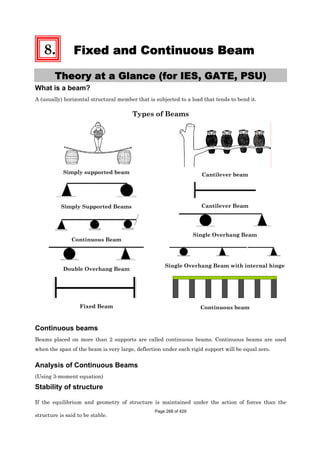 8. Fixed and Continuous Beam
Theory at a Glance (for IES, GATE, PSU)
What is a beam?
A (usually) horizontal structural member that is subjected to a load that tends to bend it.
Types of Beams
Simply supported beam Cantilever beam
Simply Supported Beams Cantilever Beam
Continuous Beam
Single Overhang Beam
Double Overhang Beam
Single Overhang Beam with internal hinge
Fixed Beam Continuous beam
Continuous beams
Beams placed on more than 2 supports are called continuous beams. Continuous beams are used
when the span of the beam is very large, deflection under each rigid support will be equal zero.
Analysis of Continuous Beams
(Using 3-moment equation)
Stability of structure
If the equilibrium and geometry of structure is maintained under the action of forces than the
structure is said to be stable.
Page 268 of 429
 