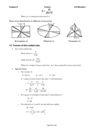 Chapter-9 Torsion S K Mondal’s
3
Tl
bc G
θ
β
=
Where β is a function of the ratio b/c
Shear stress distribution in different cross-section
Rectangular c/s Elliptical c/s Triangular c/s
13. Torsion of thin walled tube
• For a thin walled tube
Shear stress,
02
τ =
T
A t
Angle of twist,
2 O
sL
A G
τ
φ =
[Where S = length of mean centre line, OA = Area enclosed by mean centre line]
• Special Cases
o For circular c/s
3 2
2 ; ; 2π π π= = =oJ r t A r S r
[r = radius of mean Centre line and t = wall thickness]
2
.
=
2 r 2
τ
π
∴ = =
o
T T r T
t J A t
3
2
τ
ϕ
π
= = =
o
TL L TL
GJ A JG r tG
o For square c/s of length of each side ‘b’ and thickness ‘t’
2
0
=4b
A b
S
=
o For elliptical c/s ‘a’ and ‘b’ are the half axis lengths.
0
3
( )
2
A ab
S a b ab
π
π
=
⎡ ⎤
≈ + −⎢ ⎥⎣ ⎦
Page 282 of 429
 