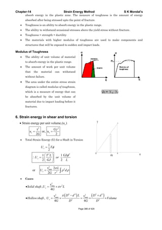 C
M
6
Chapter-14
absor
absor
• Toug
• The a
• Toug
• The
struc
Modulus of
• The
to ab
• The
that
witho
• The a
diagr
which
be a
mate
fractu
6. Strain e
Strain e•
su
• Total
• Case
•Sol
Ho•
rb energy i
rbed after be
ghness is an
ability to wit
ghness = stre
materials w
ctures that w
f Toughnes
ability of un
sorb energy
amount of
the mat
out failure.
area under
ram is called
h is a meas
absorbed by
erial due to i
ures.
energy in
2
energy per u
τ
or,
2
=s
G
l Strain Ene
1
2
=
⎛
∴ = ⎜
⎝
s
s
U
U
or =sU
es
, slid shaft U
,llowshaft
in the plast
eing stressed
ability to ab
thstand occa
ength + duct
with higher
will be expos
ss
nit volume
y in the plast
work per u
erial can
the entire s
d modulus of
sure of ener
y the unit
impact loadi
shear an
2
s
unit volume
u
2
γ
=
G
ergy (U) for a
2
1
2
φ=
⎞
⎟
⎠
T
T L
or
GJ
2
max
2
τ 2
2
π
= ∫
L
G r
2
maxτ
4
π= × r
G
2
maxτ
4
sU
G
= ×
Strain En
tic zone. Th
d upto the p
bsorb energy
asional stres
tility
r modulus
sed to sudde
of material
tic range.
unit volume
withstand
tress strain
f toughness,
gy that can
volume of
ing before it
nd torsion
se,(u )
a Shaft in T
2
1 GJ
2
φ
L
2
ρ ρ∫ d
2
r L
( 4 4
2
D d
D
π −
×
nergy Meth
he measure
point of fract
y in the plas
sses above th
of toughne
n and impac
l
e
d
n
n
f
t
n
orsion
)4 2
maxτ
4
L
G
= ×
hod
e of toughne
ture.
stic range.
he yield stre
ess are use
ct loads.
UT
( )2 2
2
D d
D
+
×
O
T
ess is the
ess without f
ed to make
T = Хu Зf
Volume×
A
B
dφ
S K Mo
amount of
fracture.
e componen
ondal’s
energy
ts and
φ
Page 388 of 429
 