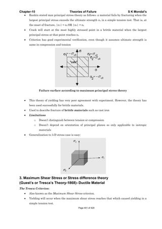 Chapter-
• Ra
la
th
• Cr
pr
• Cr
sa
• Th
be
• U
• Li
• G
3. Maxi
(Guest’
The Tres
• Al
• Yi
si
-15
ankin stated
argest princi
he onset of fr
rack will st
rincipal stre
riterion has
ame in comp
Failu
his theory o
een used suc
sed to descr
imitations
o Doesn
o Doesn
mater
eneralizatio
mum She
s or Tres
sca Criterio
lso known a
ielding will
mple tension
d max princ
ipal stress e
racture, |σ1
tart at the
ess at that po
s good exper
pression and
ure surface
of yielding h
ccessfully for
ribe fracture
n’t distinguis
n’t depend o
rials
on to 3-D str
ear Stress
sca’s The
on:
s the Maxim
occur when
n test.
Theo
ipal stress t
xceeds the u
| = σu OR |σ
most highly
oint reaches
rimental ver
d tension
according
has very poo
r brittle mat
of brittle m
sh between
on orientati
ess case is e
s or Stres
ory-1868
mum Shear S
the maximu
ories of Fa
theory as fol
ultimate str
σ3| = σu
y stressed p
s σu
rification, e
g to maximu
or agreemen
terials.
materials su
tension or co
ion of princ
easy:
ss differe
)- Ductile
Stress criter
um shear st
ailure
llows- a mat
rength σu in
point in a b
ven though
um princip
nt with expe
uch as cast i
ompression
cipal planes
ence theo
e Material
rion.
tress reache
terial fails by
a simple te
rittle mater
it assumes
pal stress th
riment. How
iron
s so only ap
ory
s that which
S K
y fracturing
nsion test. T
rial when th
s ultimate s
heory
wever, the t
pplicable to
h caused yie
Mondal’s
g when the
That is, at
he largest
trength is
theory has
o isotropic
elding in a
Page 401 of 429
 