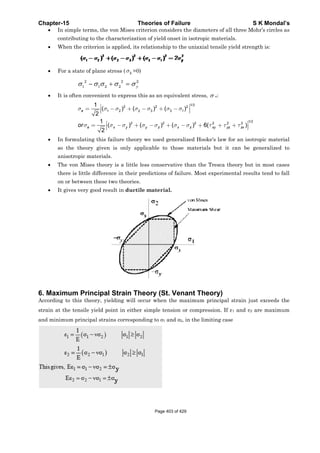 Chapter-
• In
co
• W
• Fo
• It
• In
so
an
• Th
th
on
• It
6. Maxi
According
strain at
and minim
-15
n simple term
ontributing t
When the crit
or a state of
2
1σ −
is often con
eσ =
eorσ
n formulatin
o the theory
nisotropic m
he von Mise
here is little
n or between
gives very g
mum Prin
g to this the
the tensile
mum princip
ms, the von
to the chara
terion is app
f plane stres
1 2 2σ σ σ− +
nvenient to e
1 2
1
(
2
σ σ⎡ −⎢⎣
1
(
2
xσ⎡= −⎢⎣
ng this failur
y given is
materials.
es theory is
difference i
n these two t
good result i
ncipal Str
eory, yieldin
yield point
pal strains c
Theo
Mises criter
cterization o
plied, its rela
s ( 3σ =0)
2 2
2 yσ=
express this
2
2 2) (σ σ+ −
2
) (y yσ σ− +
re theory we
only applic
a little less
in their pred
theories.
in ductile m
rain Theo
ng will occur
in either sim
correspondin
ories of Fa
rion consider
of yield onse
ationship to
as an equiv
2
3 3) (σ σ+ −
2
) (z xσ σ− +
e used gene
cable to tho
s conservativ
dictions of fa
material.
ory (St. Ve
r when the
mple tension
ng to σ1 and
ailure
rs the diame
et in isotropi
the uniaxia
alent stress
1/2
2
1)σ ⎤
⎥⎦
2
) 6x zσ− +
ralized Hoo
ose materia
ve than the
ailure. Most
enant The
maximum
n or compre
σ2, in the lim
eters of all t
ic materials
al tensile yie
, σ e:
2 2
6( xy yzτ τ+ +
ke's law for
ls but it ca
Tresca theo
t experiment
eory)
principal st
ession. If ε1
miting case
S K
three Mohr’s
.
ld strength
1/22
)zxτ ⎤+ ⎥⎦
an isotropic
an be gene
ory but in m
tal results te
train just ex
and ε2 are
Mondal’s
s circles as
is:
c material
ralized to
most cases
end to fall
xceeds the
maximum
Page 403 of 429
 