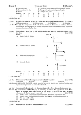 Chapter-1 Stress and Strain S K Mondal’s
B. Natural strain 2. Change of length per unit instantaneous length
C. Conventional strain 3. Change of length per unit gauge length
D. Stress 4. Load per unit area
Codes: A B C D A B C D
(a) 1 2 3 4 (b) 4 3 2 1
(c) 1 3 2 4 (d) 4 2 3 1
IAS-32. Ans. (a)
IAS-33. What is the cause of failure of a short MS strut under an axial load? [IAS-2007]
(a) Fracture stress (b) Shear stress (c) Buckling (d) Yielding
IAS-33. Ans. (d) In compression tests of ductile materials fractures is seldom obtained.
Compression is accompanied by lateral expansion and a compressed cylinder ultimately
assumes the shape of a flat disc.
IAS-34. Match List I with List II and select the correct answer using the codes given
the lists: [IAS-1995]
List I List II
A. Rigid-Perfectly plastic
B. Elastic-Perfectly plastic
C. Rigid-Strain hardening
D. Linearly elastic
Codes: A B C D A B C D
(a) 3 1 4 2 (b) 1 3 2 4
(c) 3 1 2 4 (d) 1 3 4 2
IAS-34. Ans. (a)
IAS-35. Which one of the following materials is highly elastic? [IAS-1995]
(a) Rubber (b) Brass (c) Steel (d) Glass
IAS-35. Ans. (c) Steel is the highly elastic material because it is deformed least on loading, and
regains its original from on removal of the load.
IAS-36. Assertion (A): Hooke's law is the constitutive law for a linear elastic material.
Reason (R) Formulation of the theory of elasticity requires the hypothesis that there
exists a unique unstressed state of the body, to which the body returns
whenever all the forces are removed. [IAS-2002]
(a) Both A and R are individually true and R is the correct explanation of A
(b) Both A and R are individually true but R is not the correct explanation of A
(c) A is true but R is false
(d) A is false but R is true
IAS-36. Ans. (a)
IAS-37. Consider the following statements: [IAS-2002]Page 42 of 429
 