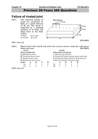 Chapter-16 Riveted and Welded Joint S K Mondal’s
Previous 20-Years IAS Questions
Failure of riveted joint
IAS-1. Two identical planks of
wood are connected by
bolts at a pitch distance
of 20 cm. The beam is
subjected to a bending
moment of 12 kNm, the
shear force in the bolts
will be:
(a) Zero (b) 0.1 kN
(c) 0.2 kN (d) 4 kN
[IAS-2001]
IAS-1. Ans. (a)
IAS-2. Match List-I with List-II and select the correct answer using the code given
below the Lists: [IAS-2007]
List-I List-II
(Stress Induced) (Situation/ Location)
A. Membrane stress 1. Neutral axis of beam
B. Torsional shear stress 2. Closed coil helical spring under axial load
C. Double shear stress 3. Cylindrical shell subject to fluid pressure
D. Maximum shear stress 4. Rivets of double strap butt joint
Code: A B C D A B C D
(a) 3 1 4 2 (b) 4 2 3 1
(c) 3 2 4 1 (d) 4 1 3 2
IAS-2. Ans. (c)
Page 427 of 429
 