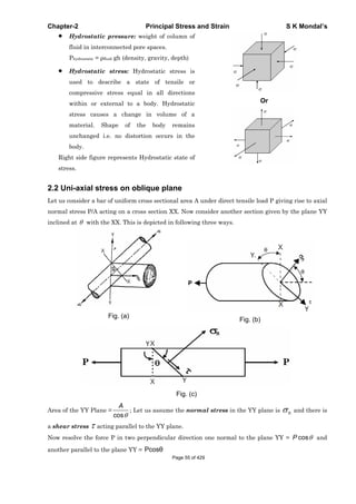 Chapter-2 Principal Stress and Strain S K Mondal’s
Hydrostatic pressure: weight of column of
fluid in interconnected pore spaces.
Phydrostatic = fluid gh (density, gravity, depth)
Hydrostatic stress: Hydrostatic stress is
used to describe a state of tensile or
compressive stress equal in all directions
within or external to a body. Hydrostatic
stress causes a change in volume of a
material. Shape of the body remains
unchanged i.e. no distortion occurs in the
body.
Right side figure represents Hydrostatic state of
stress.
Or
2.2 Uni-axial stress on oblique plane
Let us consider a bar of uniform cross sectional area A under direct tensile load P giving rise to axial
normal stress P/A acting on a cross section XX. Now consider another section given by the plane YY
inclined at with the XX. This is depicted in following three ways.
Fig. (a)
Fig. (b)
Fig. (c)
Area of the YY Plane =
cos
A
; Let us assume the normal stress in the YY plane is n and there is
a shear stress acting parallel to the YY plane.
Now resolve the force P in two perpendicular direction one normal to the plane YY = cosP and
another parallel to the plane YY = Pcos
Page 55 of 429
 
