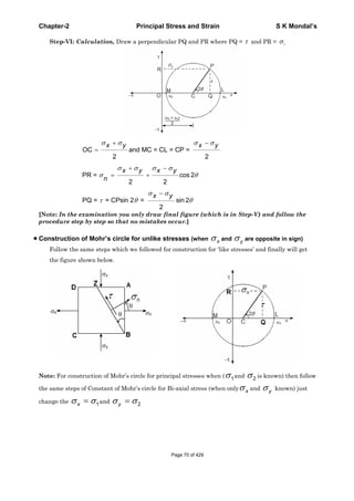 Chapter-2 Principal Stress and Strain S K Mondal’s
Step-VI: Calculation, Draw a perpendicular PQ and PR where PQ = and PR = n
OC and MC = CL = CP =
2 2
PR = cos 2
2 2
PQ = = CPsin 2 = sin 2
2
x y x y
x y x y
x y
n
[Note: In the examination you only draw final figure (which is in Step-V) and follow the
procedure step by step so that no mistakes occur.]
Construction of Mohr’s circle for unlike stresses (when x and y are opposite in sign)
Follow the same steps which we followed for construction for ‘like stresses’ and finally will get
the figure shown below.
Note: For construction of Mohr’s circle for principal stresses when ( 1and 2 is known) then follow
the same steps of Constant of Mohr’s circle for Bi-axial stress (when only x and y known) just
change the 1x and 2y
Page 70 of 429
 