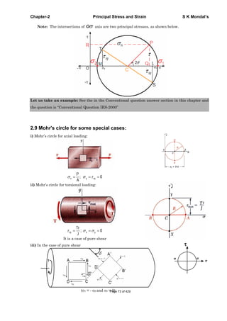 Chapter-2 Principal Stress and Strain S K Mondal’s
Note: The intersections of o axis are two principal stresses, as shown below.
Let us take an example: See the in the Conventional question answer section in this chapter and
the question is “Conventional Question IES-2000”
2.9 Mohr's circle for some special cases:
i) Mohr’s circle for axial loading:
; 0x y xy
P
A
ii) Mohr’s circle for torsional loading:
; 0xy x y
Tr
J
It is a case of pure shear
iii) In the case of pure shear
( 1 = - 2 and 3 = 0)Page 73 of 429
 