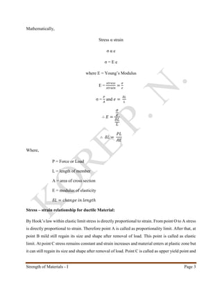 Strength of Materials - I Page 3
Mathematically,
Stress α strain
σ α e
σ = E e
where E = Young’s Modulus
E =
𝑠𝑡𝑟𝑒𝑠𝑠
𝑠𝑡𝑟𝑎𝑖𝑛
=
𝜎
𝑒
σ =
𝑃
𝐴
and 𝑒 =
𝛿𝐿
𝐿
∴ 𝐸 =
𝜎
𝑒
𝛿𝐿
𝐿
∴ 𝛿𝐿 =
𝑃𝐿
𝐴𝐸
Where,
P = Force or Load
L = length of member
A = area of cross section
E = modulus of elasticity
𝛿𝐿 = 𝑐ℎ𝑎𝑛𝑔𝑒 𝑖𝑛 𝑙𝑒𝑛𝑔𝑡ℎ
Stress – strain relationship for ductile Material:
By Hook’s law within elastic limit stress is directly proportional to strain. From point O to A stress
is directly proportional to strain. Therefore point A is called as proportionality limit. After that, at
point B mild still regain its size and shape after removal of load. This point is called as elastic
limit. At point C stress remains constant and strain increases and material enters at plastic zone but
it can still regain its size and shape after removal of load. Point C is called as upper yield point and
 