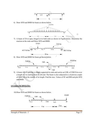 Strength of Materials - I Page 37
6) Draw SFD and BMD for beam as shown below.
7) A beam of 20 m span, hinged at its both ends as shown in Figure below. Determine the
reaction at the ends and Draw SFD and BMD.
8) Draw SFD and BMD for beam as shown below.
9) A beam AB of span 6m is simply supported its ends and carries an UDL of 2500 N/m over
a length of 3 m starting from its left end. The beam is also subjected to a clockwise couple
of 4000 Nm at the middle of its length. Find the max. Values of SF and BM and plot SFD
and BMD.
OVERHANG BVEAMS:
10) Draw SFD and BMD for beam as shown below.
 