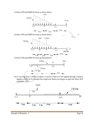 Strength of Materials - I Page 38
11) Draw SFD and BMD for beam as shown below.
12) Draw SFD and BMD for beam as shown below.
13) Draw SFD and BMD for beam as shown below.
14) A 4 m long beam is shown in figure. It carries a load of 12 kN applied through a bracket
and also a UDL for 8 m length from reight end. Beam over hanges at right end. Draw SFD
and BMD. (12)
 