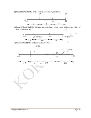 Strength of Materials - I Page 39
15) Sketch SFD and BMD for the beam as shown in Figure below.
16) Draw SFD and BMD for the beam shown in figure below giving all important values of
max SF and max BM
17) Draw SFD and BMD for beam as shown below.
 