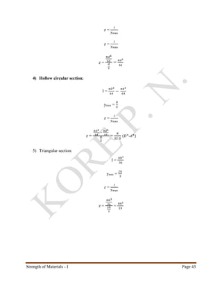 Strength of Materials - I Page 43
z =
𝐼
ymax
z =
𝐼
ymax
z =
𝜋𝑑4
64
𝑑
2
=
𝜋𝑑3
32
4) Hollow circular section:
I =
𝜋𝐷4
64
−
𝜋𝑑4
64
ymax =
𝐷
2
z =
𝐼
ymax
z =
𝜋𝐷4
64
−
𝜋𝑑4
64
𝐷
2
=
𝜋
32 𝐷
(𝐷4
- 𝑑4
)
5) Triangular section:
I =
𝑏ℎ3
36
ymax =
2ℎ
3
z =
𝐼
ymax
z =
𝑏ℎ3
36
2ℎ
3
=
𝑏ℎ2
24
 