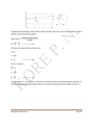 Strength of Materials - I Page 59
Consider the deformation of line AB on surface of shaft. The cross section is distorted by angle θ
and line AB is distorted by angle φ.
Shear strain =
𝐴𝑚𝑜𝑢𝑛𝑡 𝑜𝑓 𝑑𝑖𝑠𝑡𝑜𝑟𝑡𝑖𝑜𝑛
𝐿𝑒𝑛𝑔ℎ𝑡
Φ =
𝐵𝐵′
𝐿
=
𝑅θ
𝐿
---------------- (1)
We know the material obeys Hooks Law
τ α φ
τ = Gφ
φ =
τ
𝐺
---------------- (2)
From (1) and (2)
𝑅θ
𝐿
=
τ
𝐺
τ =
𝑅θG
𝐿
𝜏
𝑅
=
θG
𝐿
---------------- (I)
Consider point ‘C’ at a distance ‘r’ from the centriodal axis due to twisting moment, the point ‘C’
will be distorted by the same angle θ and we can write the same shear stress induce at point ‘C’.
 