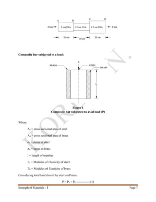 Strength of Materials - I Page 7
Composite bar subjected to a load:
Figure 1
Composite bar subjected to axial load (P)
Where,
As = cross sectional area of steel
Ab = cross sectional area of brass
σs = stress in steel
σb = stress in brass
l = length of member
Es = Modulus of Elasticity of steel
Eb = Modulus of Elasticity of brass
Considering total load shared by steel and brass.
P = Ps + Pb ------------- (1)
 