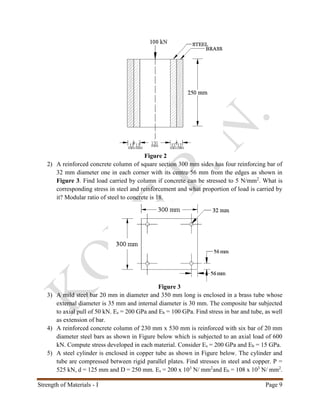 Strength of Materials - I Page 9
Figure 2
2) A reinforced concrete column of square section 300 mm sides has four reinforcing bar of
32 mm diameter one in each corner with its centre 56 mm from the edges as shown in
Figure 3. Find load carried by column if concrete can be stressed to 5 N/mm2
. What is
corresponding stress in steel and reinforcement and what proportion of load is carried by
it? Modular ratio of steel to concrete is 18.
Figure 3
3) A mild steel bar 20 mm in diameter and 350 mm long is enclosed in a brass tube whose
external diameter is 35 mm and internal diameter is 30 mm. The composite bar subjected
to axial pull of 50 kN. Es = 200 GPa and Eb = 100 GPa. Find stress in bar and tube, as well
as extension of bar.
4) A reinforced concrete column of 230 mm x 530 mm is reinforced with six bar of 20 mm
diameter steel bars as shown in Figure below which is subjected to an axial load of 600
kN. Compute stress developed in each material. Consider Es = 200 GPa and Eb = 15 GPa.
5) A steel cylinder is enclosed in copper tube as shown in Figure below. The cylinder and
tube are compressed between rigid parallel plates. Find stresses in steel and copper. P =
525 kN, d = 125 mm and D = 250 mm. Es = 200 x 103
N/ mm2
and Eb = 108 x 103
N/ mm2
.
 