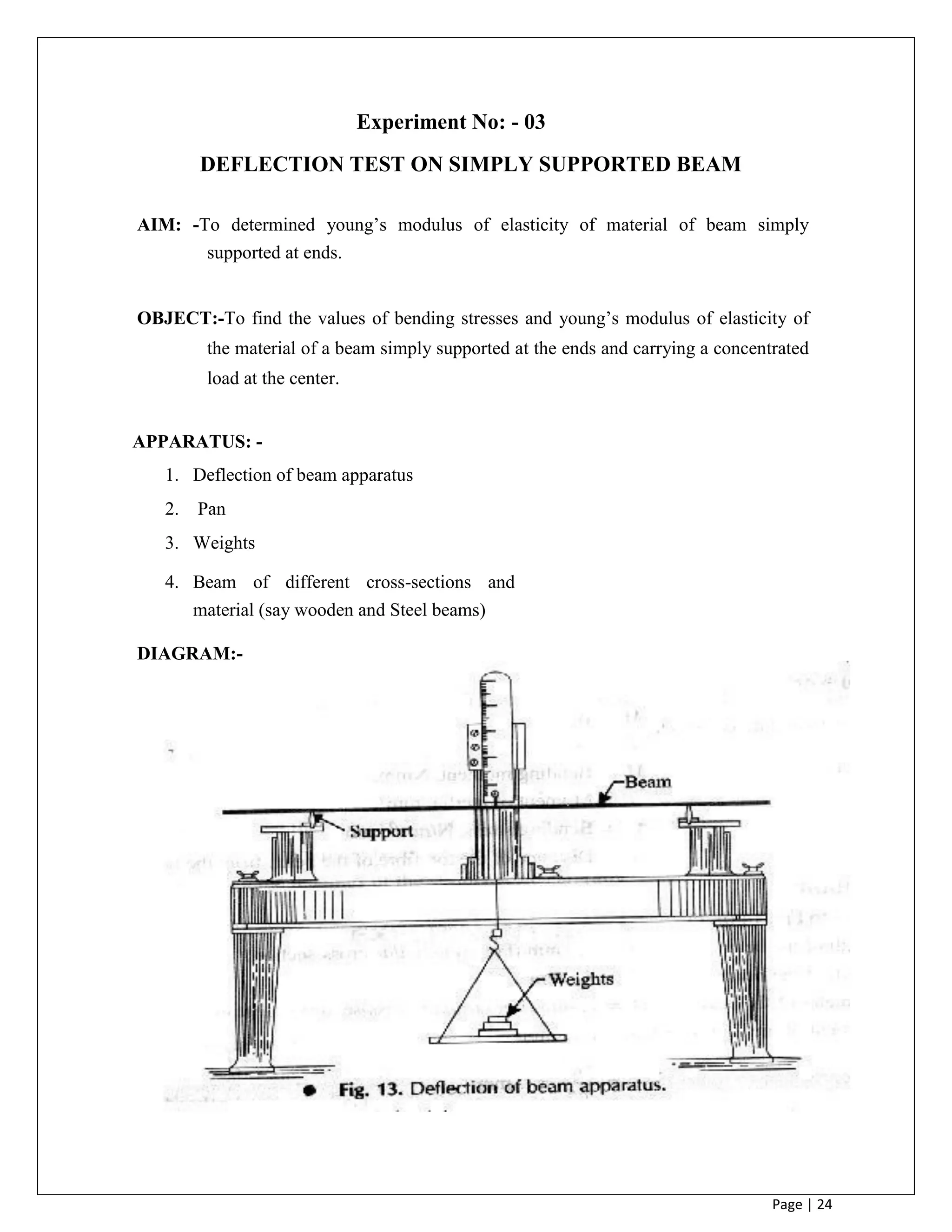 Page | 24
Experiment No: - 03
DEFLECTION TEST ON SIMPLY SUPPORTED BEAM
AIM: -To determined young‟s modulus of elasticity of material of beam simply
supported at ends.
OBJECT:-To find the values of bending stresses and young‟s modulus of elasticity of
the material of a beam simply supported at the ends and carrying a concentrated
load at the center.
APPARATUS: -
1. Deflection of beam apparatus
2. Pan
3. Weights
4. Beam of different cross-sections and
material (say wooden and Steel beams)
DIAGRAM:-
 
