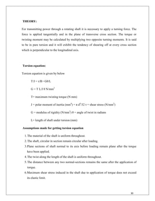 30
THEORY:
For transmitting power through a rotating shaft it is necessary to apply a turning force. The
force is applied tangentially and in the plane of transverse cross section. The torque or
twisting moment may be calculated by multiplying two opposite turning moments. It is said
to be in pure torsion and it will exhibit the tendency of shearing off at every cross section
which is perpendicular to the longitudinal axis.
Torsion equation:
Torsion equation is given by below
T/J = τ/R= Gθ/L
G = T L/J θ N/mm2
T= maximum twisting torque (N mm)
J = polar moment of inertia (mm4
) = π d4
/32 τ = shear stress (N/mm2
)
G = modulus of rigidity (N/mm2
) θ = angle of twist in radians
L= length of shaft under torsion (mm)
Assumptions made for getting torsion equation
1.The material of the shaft is uniform throughout.
2.The shaft, circular in section remain circular after loading.
3.Plane sections of shaft normal to its axis before loading remain plane after the torque
have been applied.
4.The twist along the length of the shaft is uniform throughout.
5.The distance between any two normal-sections remains the same after the application of
torque.
6.Maximum shear stress induced in the shaft due to application of torque does not exceed
its elastic limit.
 