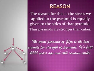 The reason for this is the stress we
  applied in the pyramid is equally
 given to the sides of that pyramid.
 Thus pyramids are stronger than cubes.


   The great pyramid of Giza is the best
example for strength of pyramid. It’s built
 4000 years ago and still remains stable.
 