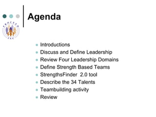 Agenda<br />Introductions<br />Discuss and Define Leadership<br />Review Four Leadership Domains <br />Define Strength Bas...