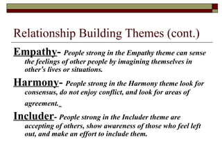Relationship Building Themes (cont.)
Empathy- People strong in the Empathy theme can sense
the feelings of other people by imagining themselves in
other’s lives or situations.
Harmony- People strong in the Harmony theme look for
consensus, do not enjoy conflict, and look for areas of
agreement.
Includer- People strong in the Includer theme are
accepting of others, show awareness of those who feel left
out, and make an effort to include them.
 